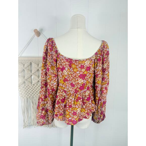 Patrons of Peace Floral Lone Sleeve Tie Front Crop Top Small Babydoll Terracotta - Picture 5 of 7